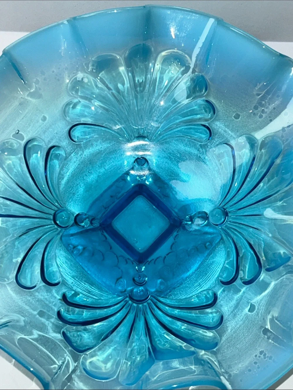 Jefferson Glass opalescent blue glass bowl ruffled edge intricate floral pattern